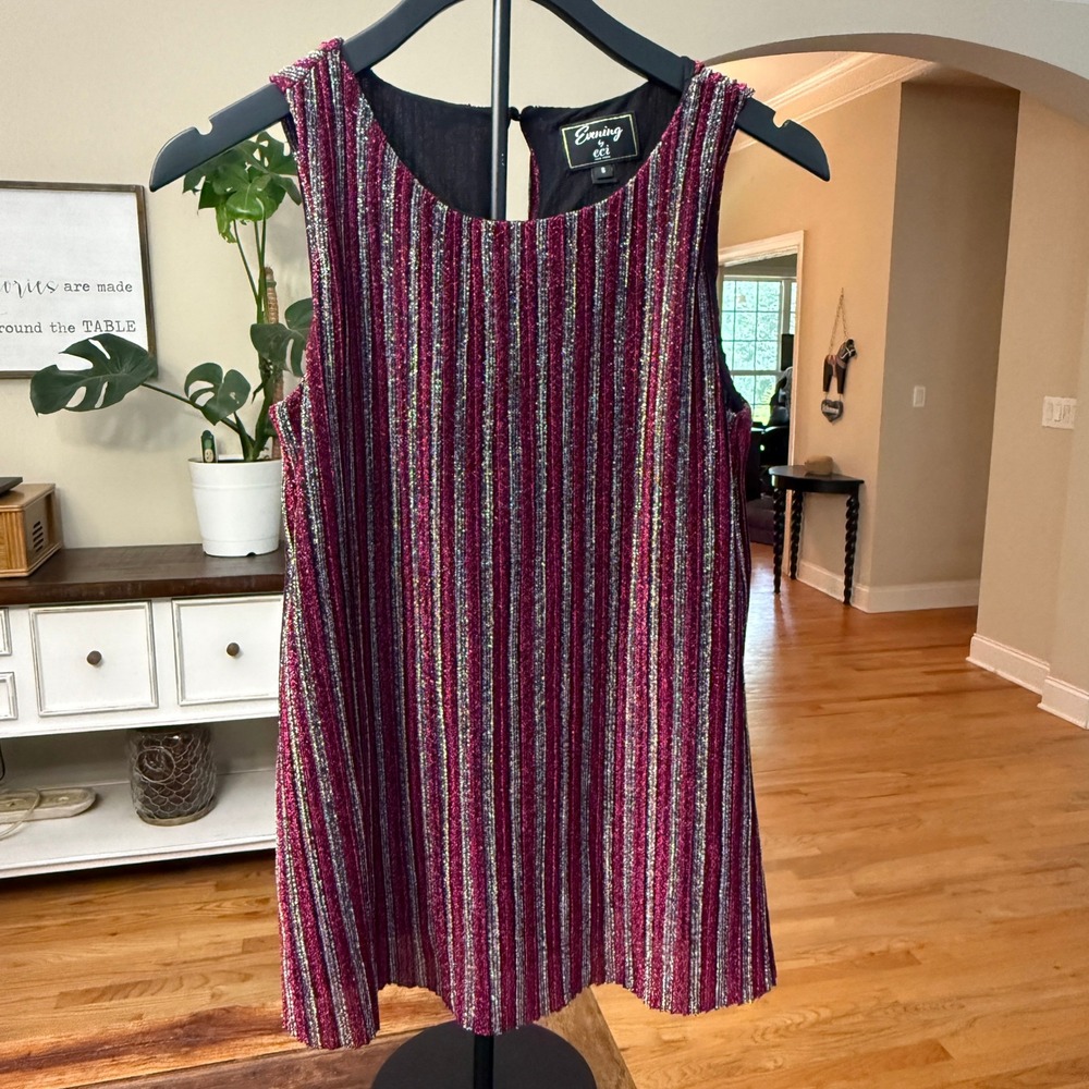 Evening by ECI Metallic Pleated Striped Sleeveless Top Pink Silver Gold Small